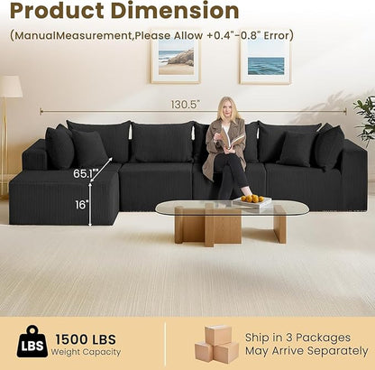 Oversize 131” Boneless Couch for Living Room, Comfort L Shaped Cloud Couch Sectional, Extra Deep Seats Corduroy Modular Sectional Sofa No Assembly,Black