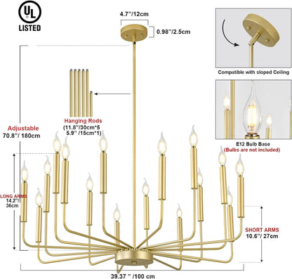Modern Gold Farmhouse Chandeliers, 16-Light Industrial Metal Chandelier Lighting, Classic Candle Hanging Pendant Light Fixtures for Kitchen Island, Living Room, Dining Room, Stair