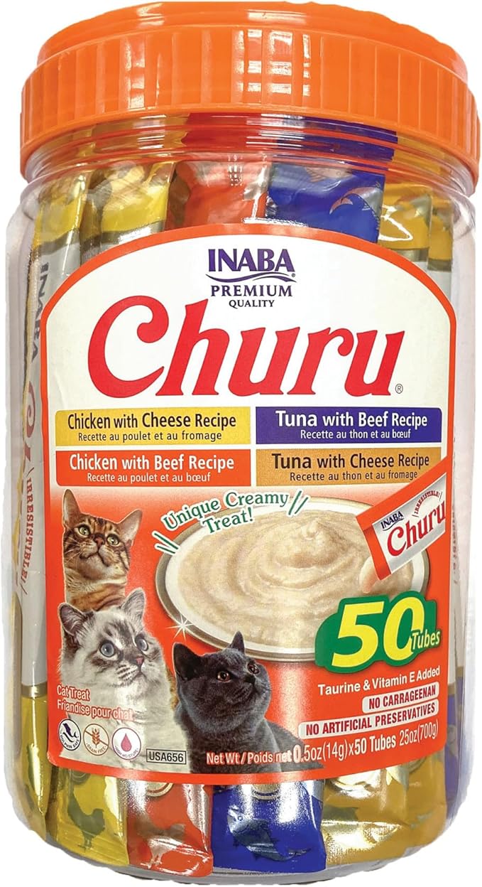 INABA Churu Cat Treats, Grain-Free, Lickable, Squeezable Creamy Purée Cat Treat/Topper with Vitamin E & Taurine, 0.5 Ounce - 50 Count (Pack of 1), Beef & Cheese Variety