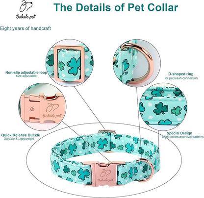 St. Patrick's Day Dog Collar for Large Dogs - Fresh Green Clover Dog Collars, Irish Shamrock Festival Pet Collars, Adjustable Heavy Duty Dogs Collar with Metal Buckle L