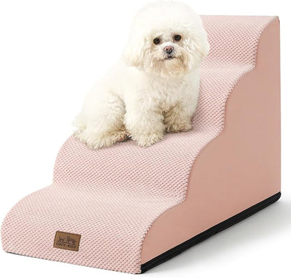 Dog Stairs for Small Dogs 19.7" H, Curved Dog Step for Puppy, Older or Cat, Medium Pet Ramp for Sofa, Couch or Bed, Ladder with High Density Foam, 4 Step, 15.7x28.3x19.7 inch, Pink