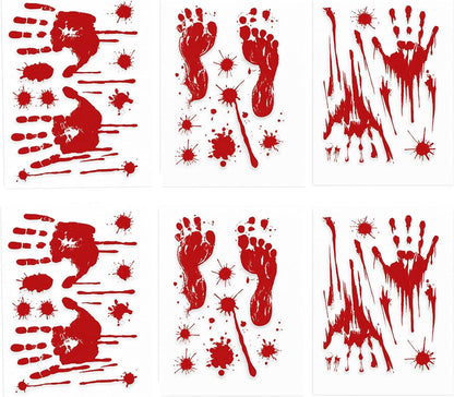 6 Pieces Bloody Handprint Window Clings – Horror PVC Stickers with Blood Splatter, Handprints, and Footprints for Scary Halloween Party Decorations, Haunted House, and Spooky Indoor Outdoor Décor