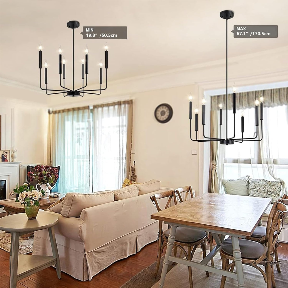 Modern Black Farmhouse Chandeliers, 8-Light Industrial Metal Chandelier Lighting, Classic Candle Hanging Pendant Light Fixtures for Kitchen Bedroom, Dining Room, Living Room,Foyer