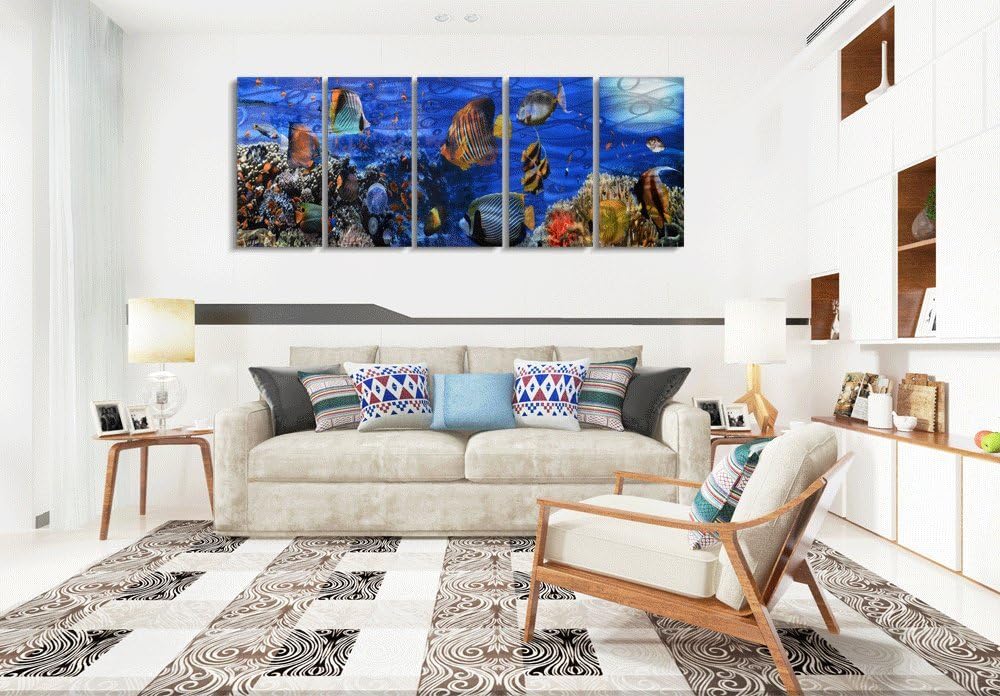 Yihui Arts Handcrafted Colorful Fish Metal Wall Art, Large Metal Wall Art in Modern Ocean Design, 3D Wall Art for Modern and Contemporary Decor, 5-Panels, Metal Wall Decor Works