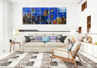Yihui Arts Cosatal Metal Wall Art, Large Nautical Metal Wall Art in Modern Ocean Design, 3D Outdoor Pictures Wall Decor, 5 Panels, Metal School of Fish Art