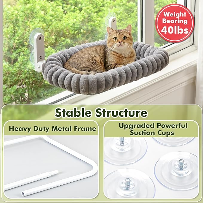 Cat Window Perch with Bolster, Cordless Foldable Cat Window Hammock with Strong Suction Cups & Metal Frame, Machine Washable Pet Bed for Indoor Cats (Gray, Medium)