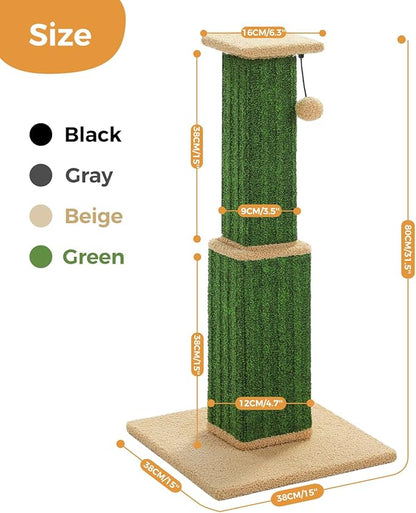 PAWZ Road Carpet Cat Scratching Post 32” Tall Scratching Post for Indoor Cats Adults Ultimate Scratch Post with Carpet, Large Base and Removable Dangling Ball- Green