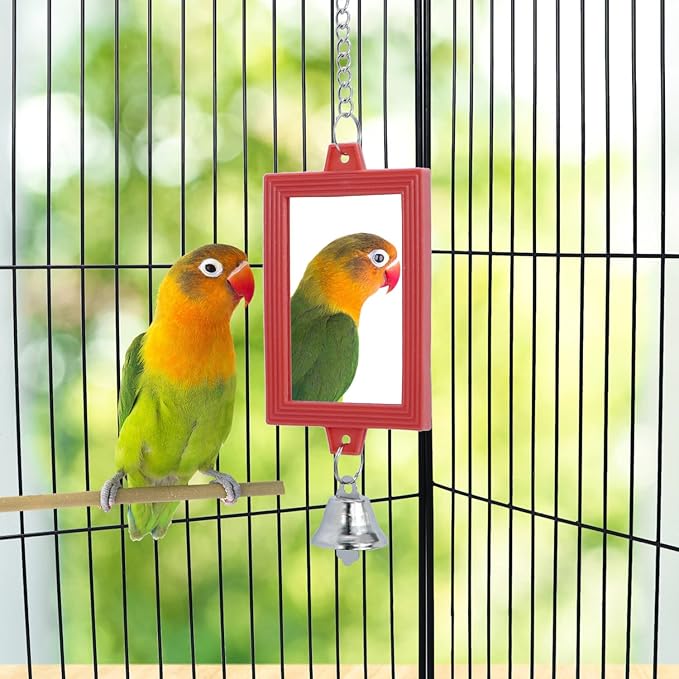 4 PCS Bird Mirror with Bell Parrot Hanging Interactive Playing Toy for Cockatiel Parakeets Canaries Budgie Cage Accessories