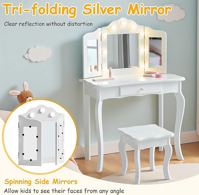 Kids Vanity, Little Girls Vanity Set with Stool and Light, 2 in 1 Wooden Kids Vanity Table and Chair Set, Princess Makeup Table with Drawer for Girls
