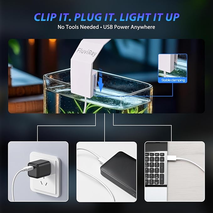 Mini Clip-On Aquarium Light 7W USB Dimmable Fish Tank Lamp with 3 Light Modes (Full Spectrum/White/RGB), 9-Level Brightness, Compact LED Light for 1–3 Gallon Aquariums