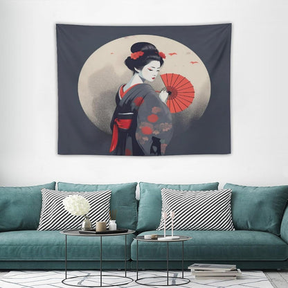 Japanese Woman Geisha Tapestry Asian Red Cherry Blossom Red Sun Traditional Kimono Folk Tapestries Home Decor for Living Room Bedroom Apartment Farmhouse Dorm 40"x30"