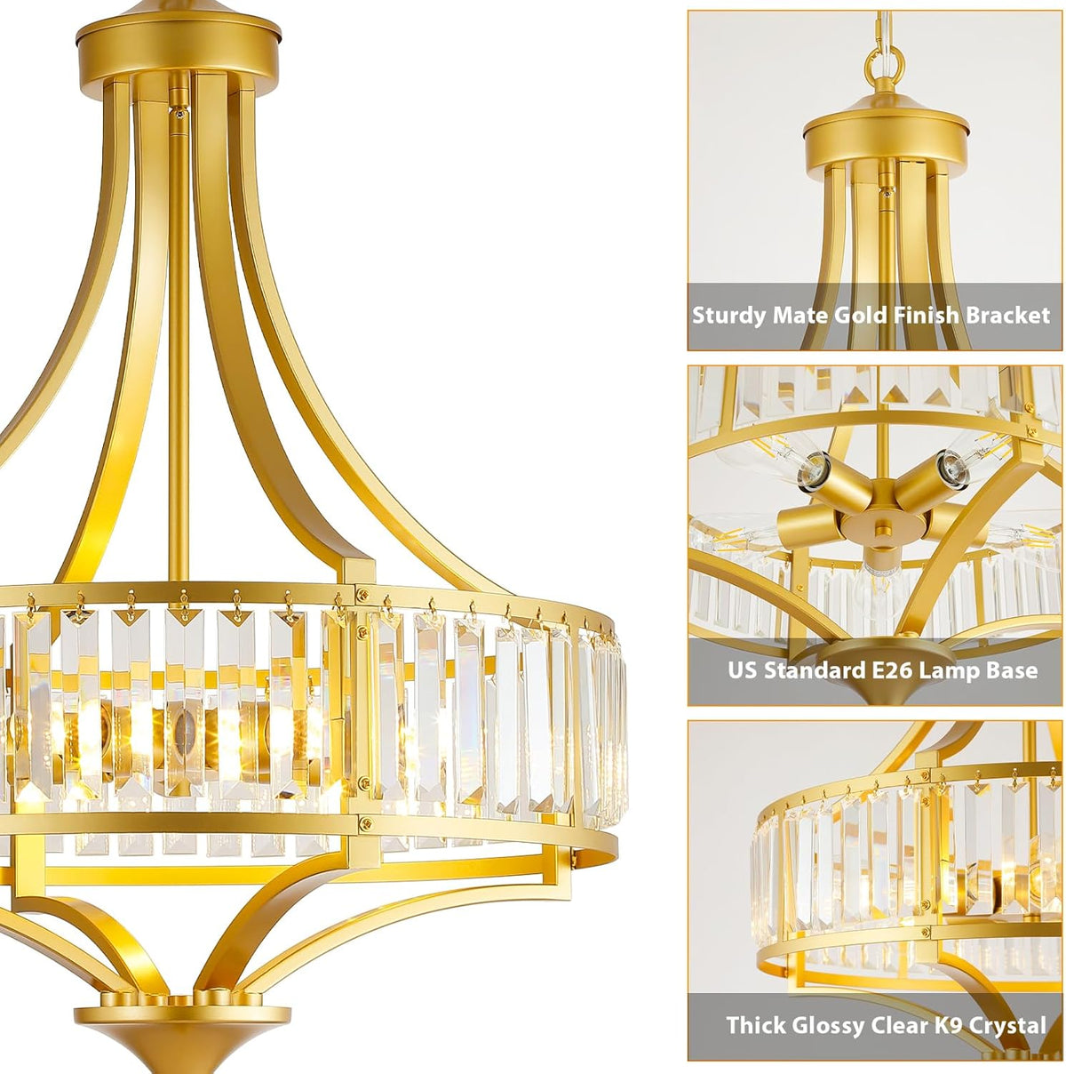 Modern Gold Crystal Chandelier, 20 Inch Large Ceiling Pendant Light Fixture with 50'' Adjustable Hanging Chain, 5-Light Farmhouse Chandelier for Dining Room, Living Room, Bedroom, Entryway