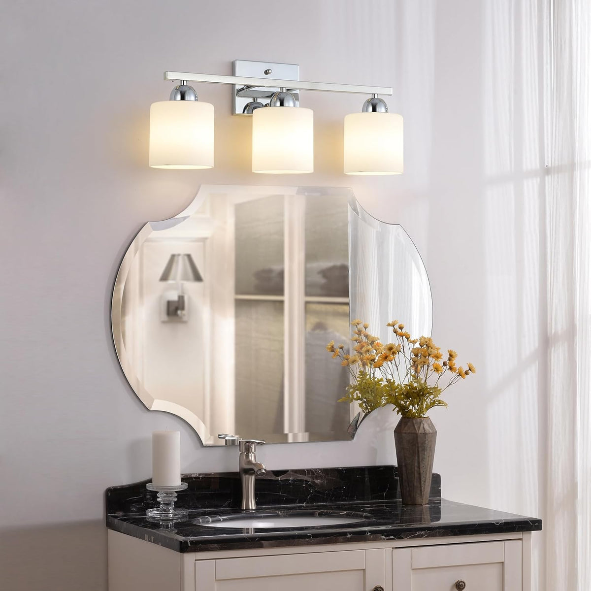 Stainless Steel Milk Glass Vanity Lights for Bathroom, 3 Light Chrome Bathroom Light Fixtures Over Mirror, Ceramic E26 Sockets Wall Mounted