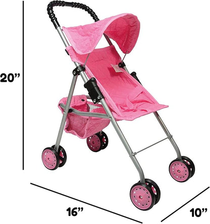 The New York Doll Collection My First Doll Stroller with Basket, Foldable Doll Stroller (Pink Quilted)