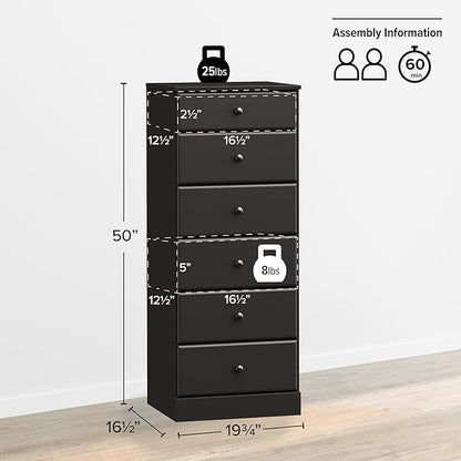 Prepac Astrid Tall Black Dresser for Bedroom: 16.5"D x 19.75"W x 50"H, 6-Drawer Chest for Bedroom by Prepac - Perfect Chest of Drawers for Ample Storage in Narrow Spaces