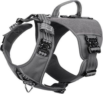 ICEFANG Quick-Moving Tactical Dog Harness for Large Dogs,No Pull Dog Vest | Control Handle,Reflective,Full Metal Buckles,Adjustable,Hook-and-Loop Panel,Soft Padded,Grey,Large