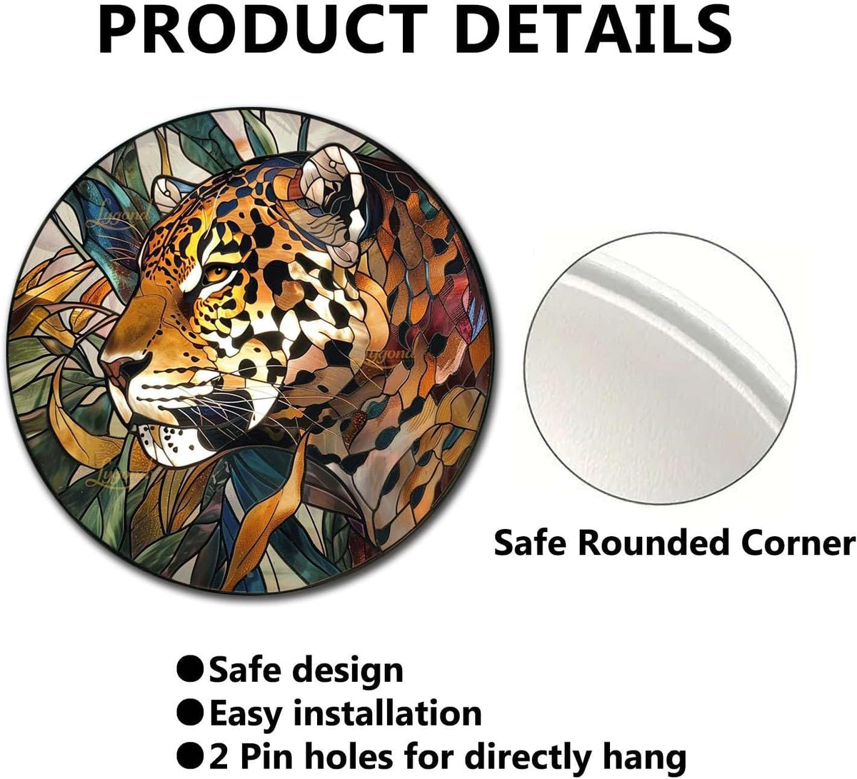 Lygond Metal Sign Tin Sign Circular Stained Glass Jaguar Tin Sig For Pet 8×8 Inches