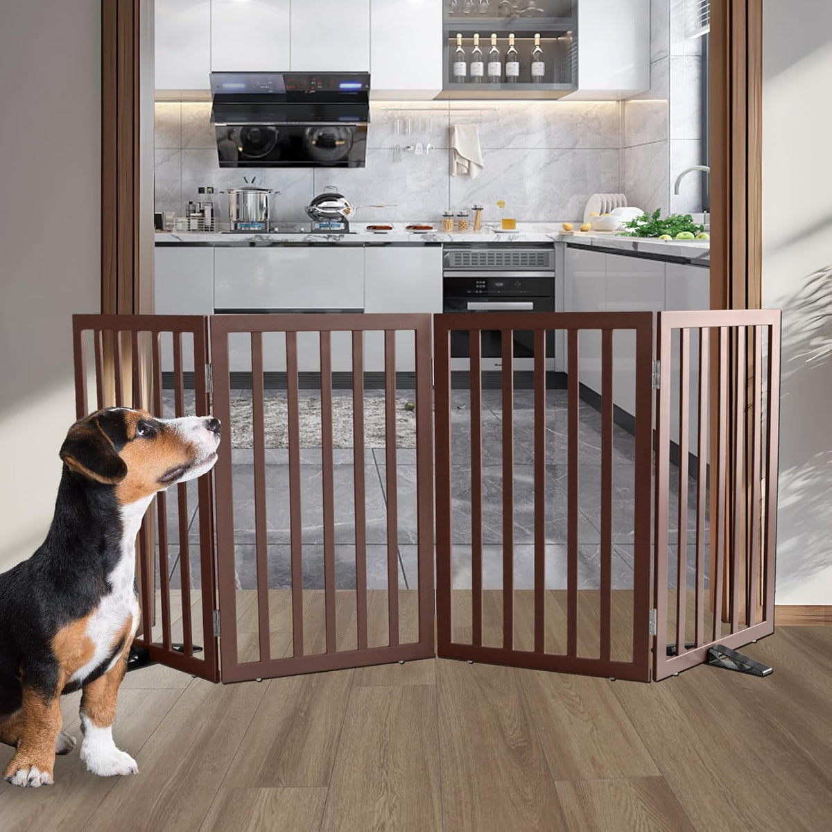 ZJSF Freestanding Indoor Dog Gate for House Foldable Wood Puppy Gate for Doorways Pet Gate for Stairs Extra Wide Pet Fence, Brown, 32" Height 4 Panels