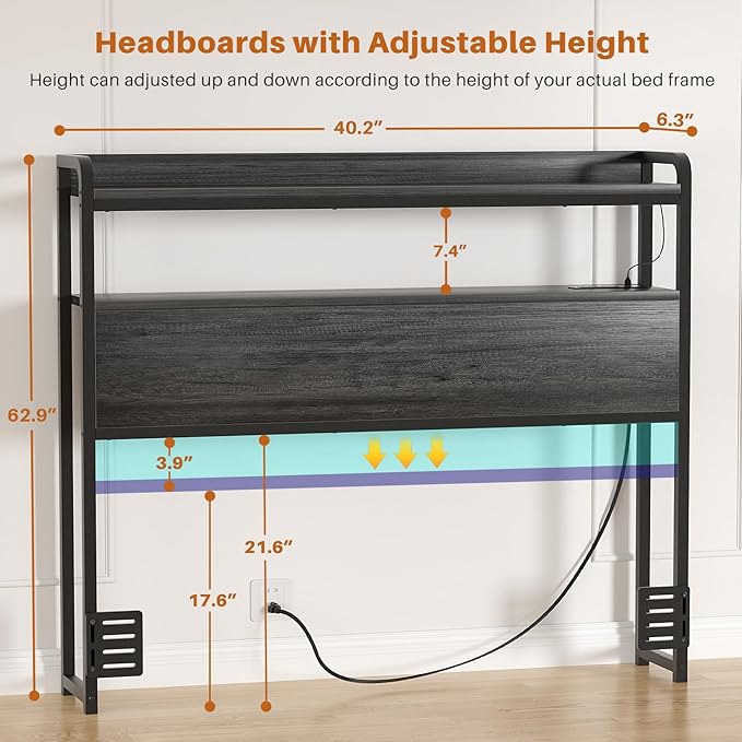 Aheaplus Headboard for Twin Size Bed Frame, Headboards with Outlets, USB Ports and LED Light, Head Board with Storage, Height Adjustable, Sturdy and Stable Headboard, Twin Size, Black Oak