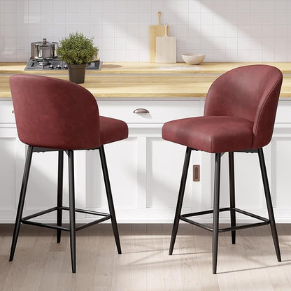 Counter Height Bar Stools Set of 2,360° Swivel Barstools with High Back and Metal Legs,26" Seat Height, Upholstered PU Leather Bar Chairs for Kitchen Island, Dining Room,Cafes,Red