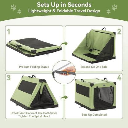 PETSFIT 26" Soft Portable Dog Crate – Patented Spiral Sturdy Frame, Collapsible Travel Kennel for Small Dogs, 3 Mesh Door, Lockable Zippers, Indoor & Car Use Green