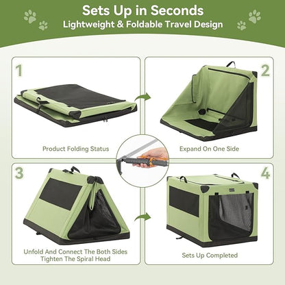 PETSFIT 40" Soft Portable Dog Crate – Patented Spiral Sturdy Frame, Collapsible Travel Kennel for Large Dogs, 3 Mesh Door, Lockable Zippers, Indoor & Car Use Green