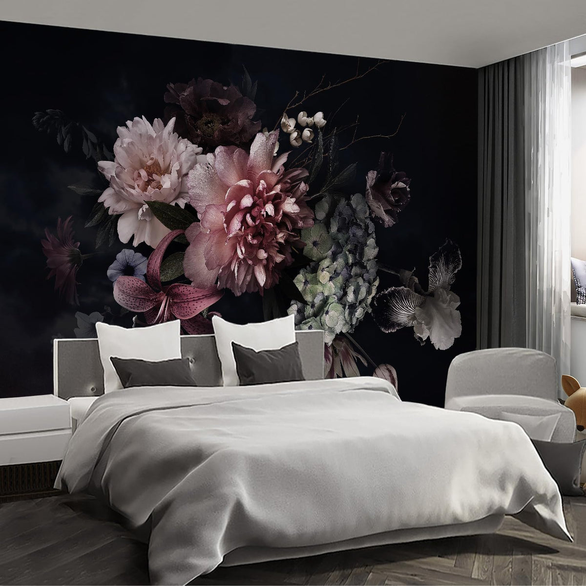 Black Floral Wall murals Peel and Stick Flowers Wallpaper for Bedroom Living Room - 58"x86"