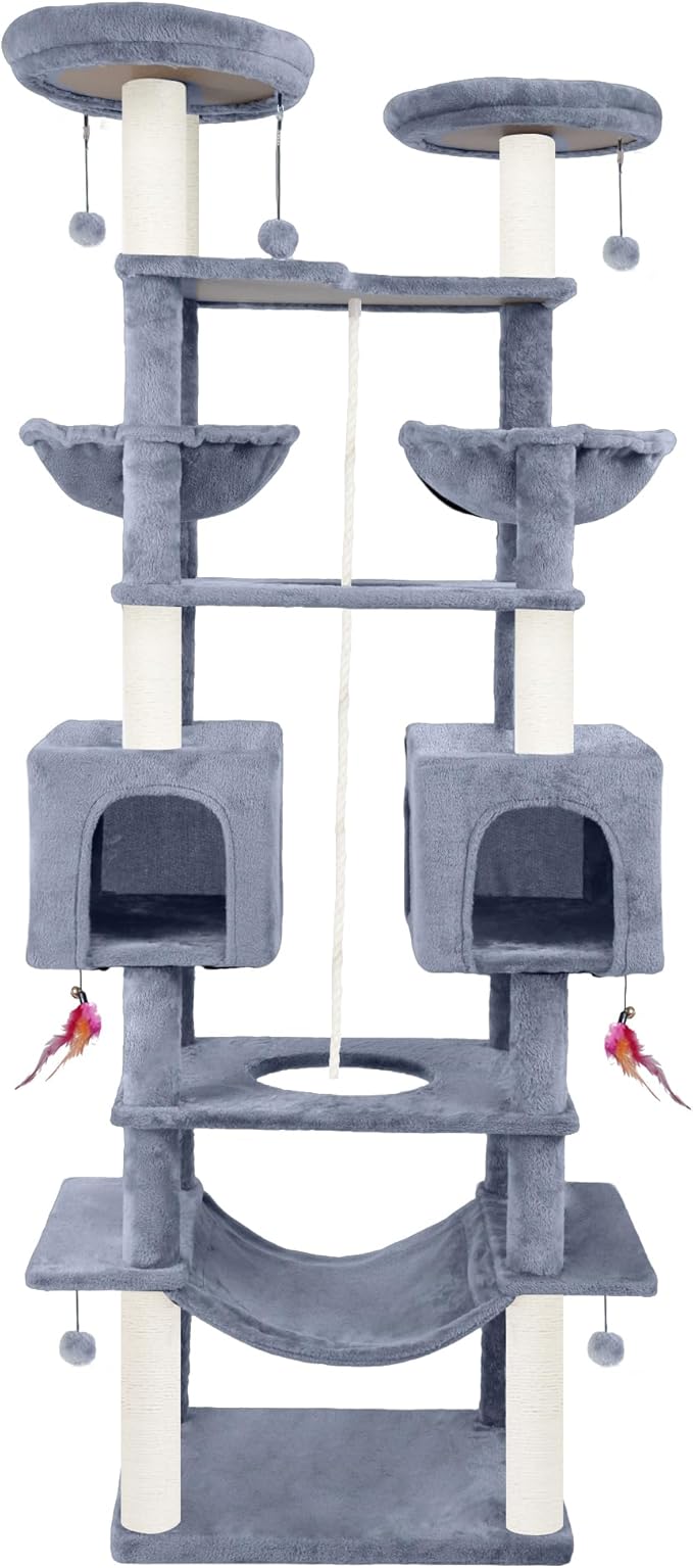 71in Multifunctional Multi-Level Cat Tree Tower for Indoor Cats,Cat Tree with Hammock,2 Condos,2 Hanging Baskets,2 Feather Toys,3 Perches,5 Hanging Balls,7 Scratching Posts,Grey