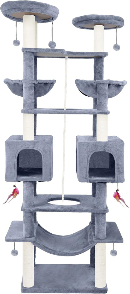 71in Multifunctional Multi-Level Cat Tree Tower for Indoor Cats,Cat Tree with Hammock,2 Condos,2 Hanging Baskets,2 Feather Toys,3 Perches,5 Hanging Balls,7 Scratching Posts,Grey