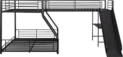 L-Shaped Twin Over Full Bunk Bed with Twin Size Loft Bed Frame Have Desk/Slide/Integrated Ladder/Full-Length Guardrails/Metal Slats Support/Easy to Assemble,for Adult Boy Girl,Black