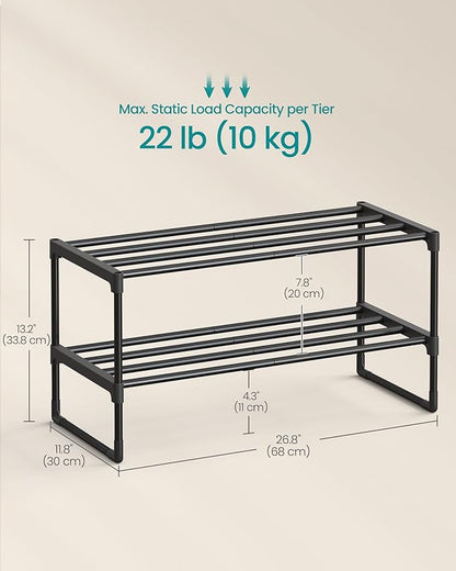 SONGMICS Shoe Rack, 2-Tier Shoe Organizer, Metal Storage Shelf, Upright or Upside Down, for 6-9 Pairs, Stackable, for Entryway, 11.8 x 26.8 x 13.2 Inches, Black ULSA202B01