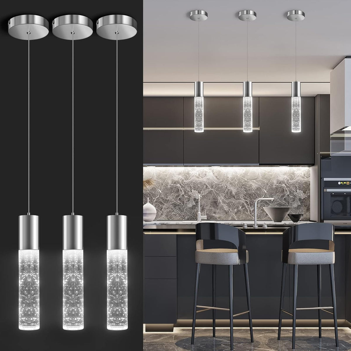 OKELI Modern Pendant Lights,LED Bubble Crystal Kitchen Island Light Fixtures,Chrome Mini Single Pendant Lighting for Kitchen Island,Bar,6W,6000K,ETL,3Pack