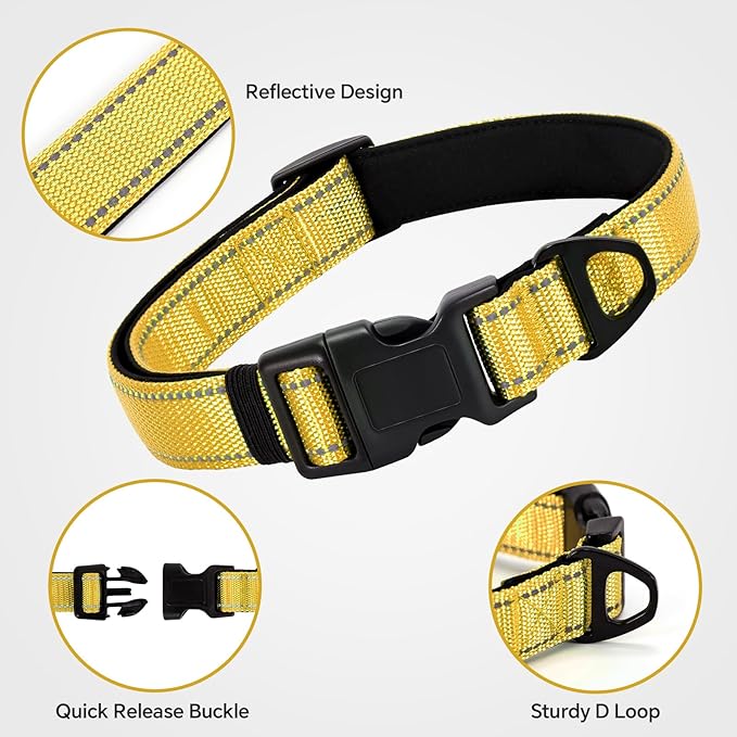 Reflective Dog Collar with Quick Release Buckle - Metal Ring - Adjustable Soft Neoprene Padded Basic Dog Collar for Small Medium Large Dogs (Yellow, Large :Width 1",Neck 15.7-23.6")