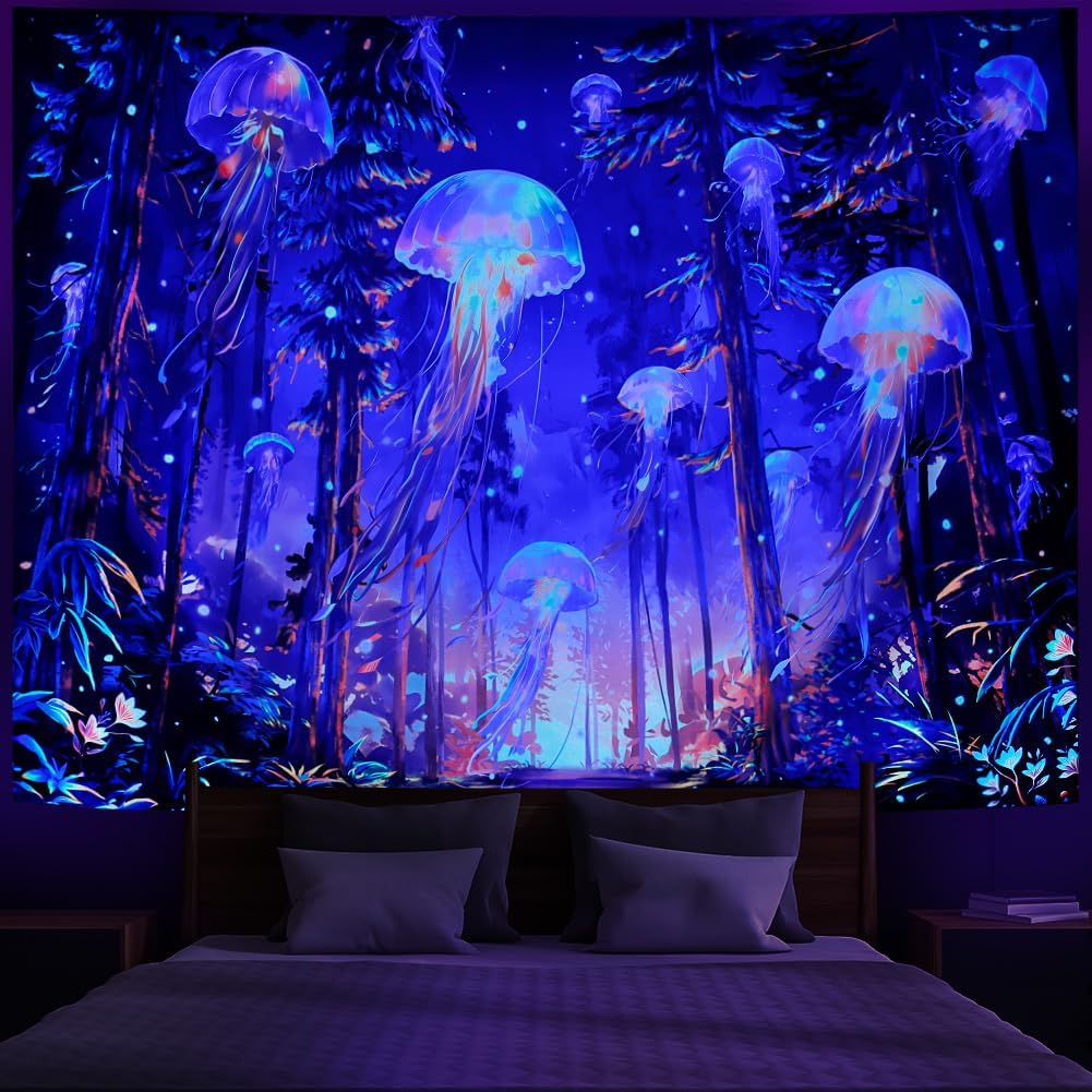 Racunbula Blacklight Forest Jellyfish Tapestry UV Reactive Nature Tree Tapestry Trippy Fantasy Starry Sky Tapestries Aesthetic Jungle Plants Tapestries Wall Hanging for Bedroom