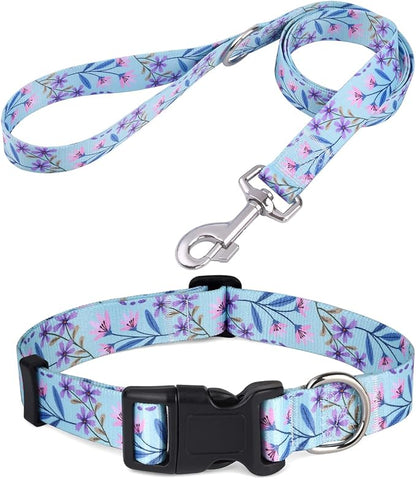 Dog Collar and Leash Set with Bohemia Floral Tribal Geometric Patterns - Soft Ethnic Style Collar Adjustable for Small Medium Large Dogs(Pink + Purple Floral Set,XS)