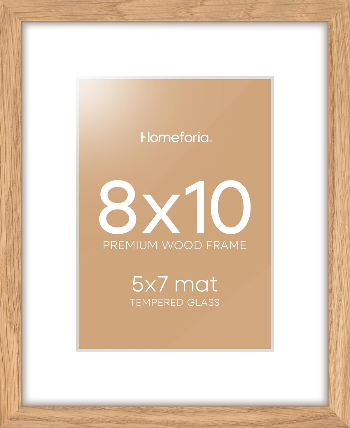 Homeforia 8 x 10 Wood Picture Frame, High End Natural Oak 8x10 Light Wooden Frames with Mat 5x7 inch Photo, 8 x 10 Frame Matted to 5 x 7 Art, Wall or Tabletop Frame, Tempered Glass, Wall Kit, Set of 1