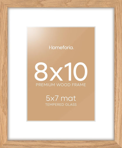 Homeforia 8 x 10 Wood Picture Frame, High End Natural Oak 8x10 Light Wooden Frames with Mat 5x7 inch Photo, 8 x 10 Frame Matted to 5 x 7 Art, Wall or Tabletop Frame, Tempered Glass, Wall Kit, Set of 1