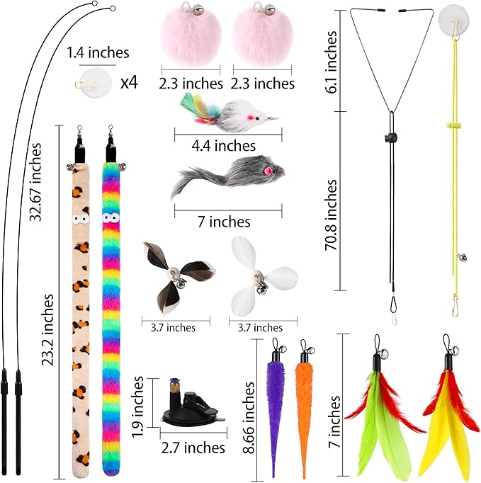 Soarer 4-in-1 Interactive Cat Feather Toys,12Pcs Durable Fishing Pole Cats Feathers Toy Replacements,Enhanced Suction Cup Cats Wand Toy,2 Types Door Hanging Cat String Toys for Indoor Kitten