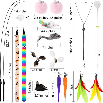 Soarer 4-in-1 Interactive Cat Feather Toys,12Pcs Durable Fishing Pole Cats Feathers Toy Replacements,Enhanced Suction Cup Cats Wand Toy,2 Types Door Hanging Cat String Toys for Indoor Kitten
