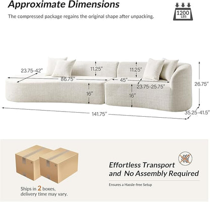 141.75" Oversized Boneless Sectional Sofa with 4 Pillows, Modern Curved Design All-Foam Cushion, No Assembly Required Large Floor Cloud Couch for Living Room, Ivory
