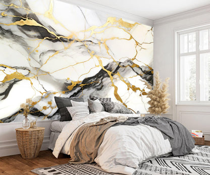 AFZEVEB-Black and Gold Marble Wallpaper Wall murals for Bedroom 159"x107" (Not Peel and Stick)