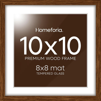 Homeforia 10x10 Picture Frame Brown, High-End Dark Oak 10 x 10 Square Brown Wood Frames with Mat 8 by 8 Photo, 10by10 Wooden Walnut Poster Frame Matted to 8x8 Print, Tempered Glass, Wall Kit, Set of 1