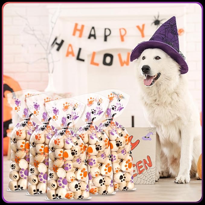 Blulu 100 Pieces Dog Treat Bags Puppy Party Favor Pet Paw Cone Cellophane Bags Candy Heat SealableDog Paw Gift with 100 Pieces Silver Twist Ties for Pet Cat Treat Party Favor(Orange, Black, Purple)
