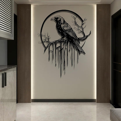 Crow Metal Wall Decor, Raven Wall Art, Large Gothic Raven Decor Hangings, Bird Wall Decor, Metal Tree Branch Decor, Ravens Sign, Raven Art for Living Room (Silver, 30"x24" |76x61cm, metal wall art)
