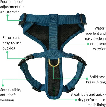 Adventure Dog Harness - Stylish and Durable Large Dog Harness for Outdoor Adventures and Everyday Wear - Indigo Blue Neoprene Adjustable Harness for Dogs with Reflective Piping & Brass D-Ring