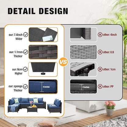 9 Pieces Patio Furniture Set All-Weather Outdoor Wicker Sectional Conversation Sofa Rattan Patio Seating Sofa with Cushion and Glass Table and Ottoman for Porch Poolside,Navy