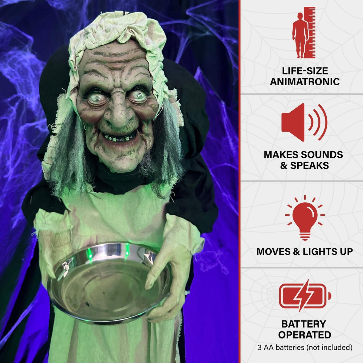 Haunted Hill Farm Life-Size Halloween Animatronic, Scary Talking Zombie Maid with Touch Activated Lights and Sounds, Battery Operated Indoor or Covered Outdoor Halloween Decorations for Home