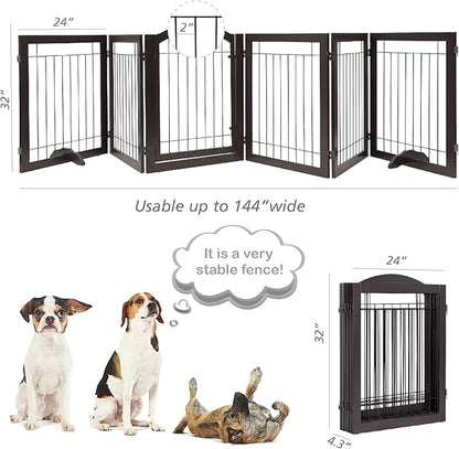 PAWLAND 144-inch Extra Wide 30-inches Tall Dog gate with Door Walk Through, Freestanding Wire Pet Gate for The House, Doorway, Stairs, Pet Puppy Safety Fence, Support Feet Included, Espresso,6 Panels