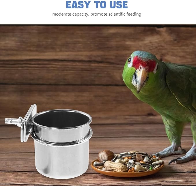 Toyvian 2pcs Stainless Steel Bird Feeding Cage Cups with Clamp Holder, 4.4cm and 5.5cm Parrot Food and Water Bowls for Small Birds Cage Accessories