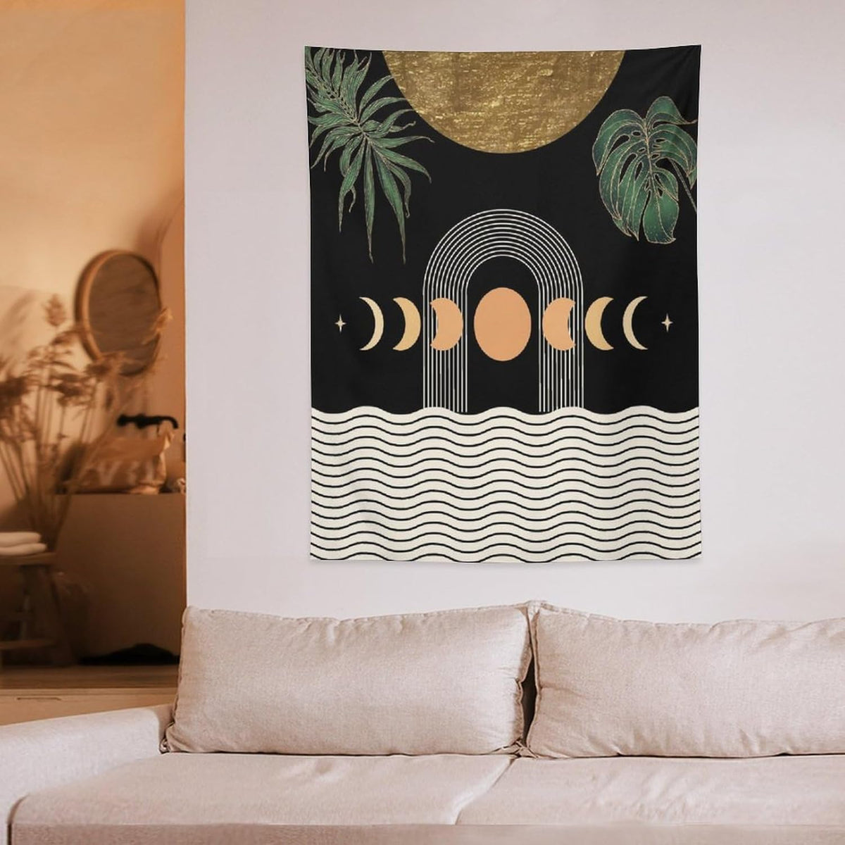 Abstract Boho Tapestry, Mid Century Tropical Tree Leaves Modern Geometric Arch Bohemian Botanical Tapestry, Home Aesthetic Wall Hanging Art Decor for Living Room Bedroom Dormitory 30x40 Inch